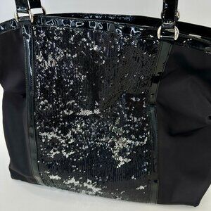 DSW Black Sequin Tote with Patent Trim – 20x15x6, Glam Carryall